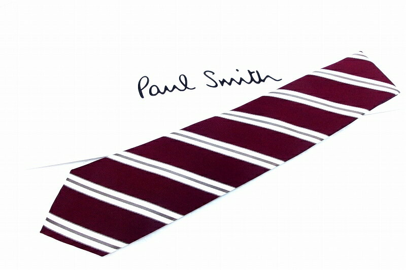 【中古】Paul Smith ポールスミス ストライプ シルク ネクタイ ボルドー×ホワイト