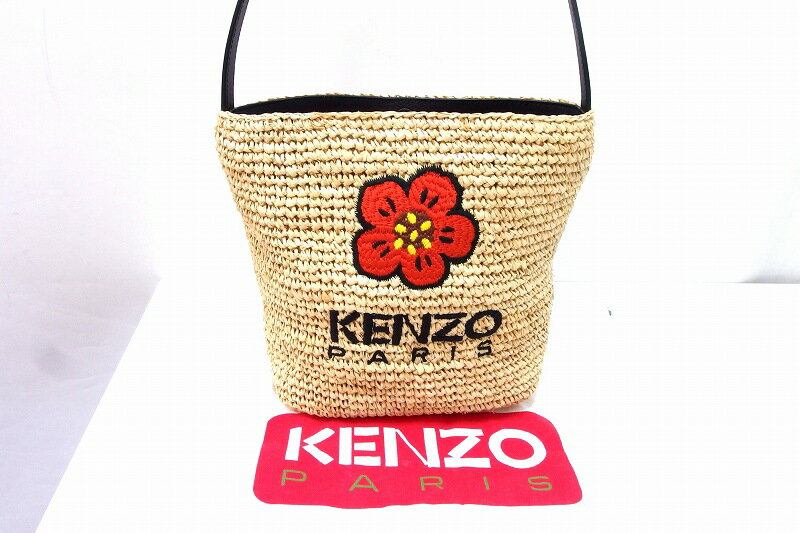 【中古】KENZO ケンゾー 24SS　ミニバケットバッグ　ラフィア　ショルダー ナチュラル×ブラック