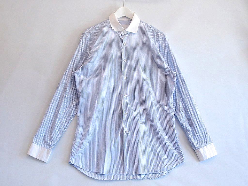 【中古】PRADA プラダ ストライプ　コットン　長袖シャツ メンズ ・48　15　3/4 ブルー系 ok4808212362