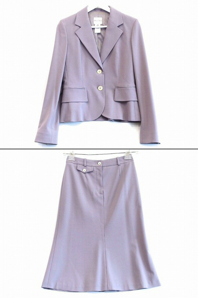 【中古】CELINE セリーヌ セットアップ スカートスーツ ウール ストレッチ ・36/34 藤色 ok4812213773