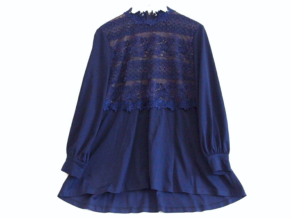 【中古】CHRISCELIN クリスセリーン 花柄レース　長袖　レーススタンドカラー　切り替えデザイン　チュニック　ストレッチ ・40 紺|ベージュ