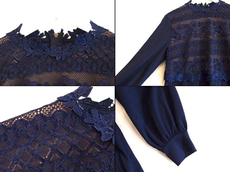 【中古】CHRISCELIN クリスセリーン 花柄レース　長袖　レーススタンドカラー　切り替えデザイン　チュニック　ストレッチ ・40 紺|ベージュ