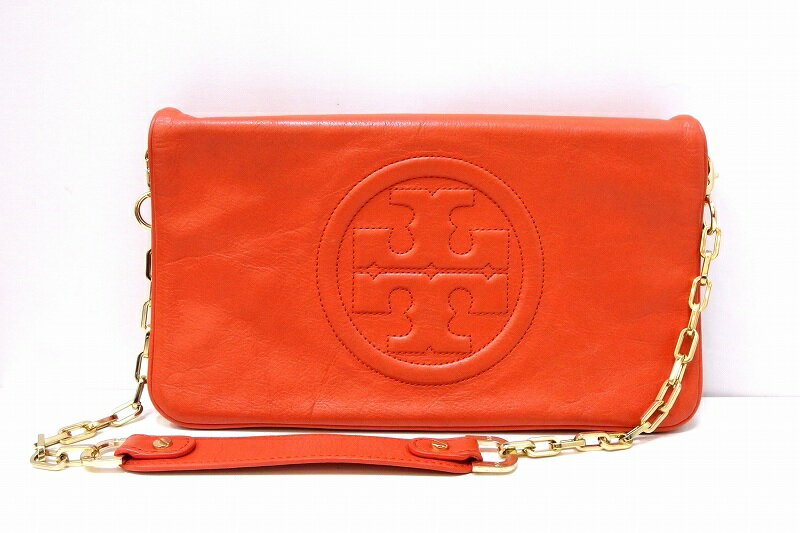 【中古】TORY BURCH トリーバーチ 2WAY レザー チェーンショルダーバッグ クラッチバッグ オレンジ kz4824218388