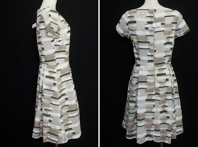 【中古】Intrend　半袖　フレアワンピース USA：6/F：40 ホワイト/ベージュ/グリーン ok3616142854