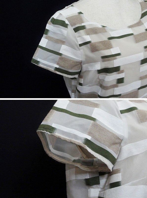 【中古】Intrend　半袖　フレアワンピース USA：6/F：40 ホワイト/ベージュ/グリーン ok3616142854