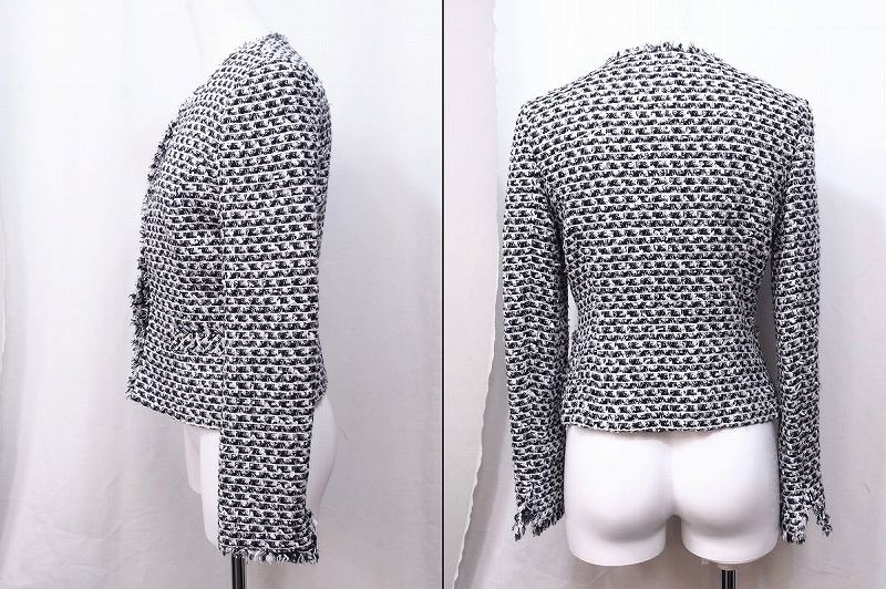 【中古】NATURAL BEAUTY ナチュラルビューティ ノーカラー　ツイードジャケット 34 ネイビー/ホワイト kz4018171061