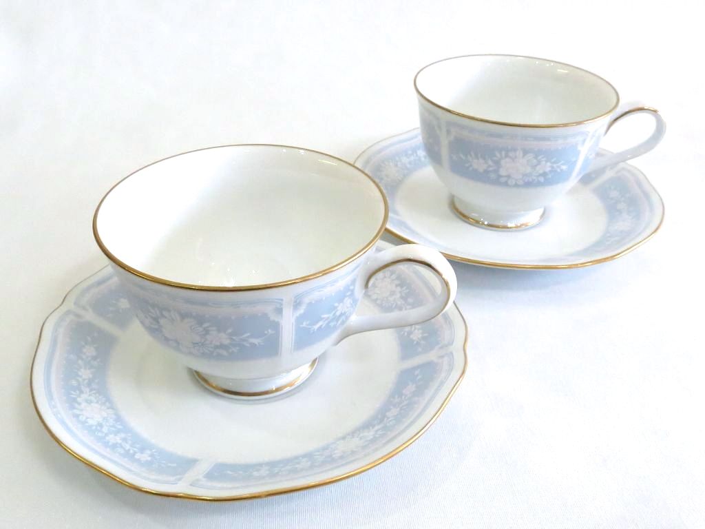 【中古】Noritake ノリタケ オールドノリタケ　花柄　金彩　カップ＆ソーサー　 ペア ライトブルー kz5008221915