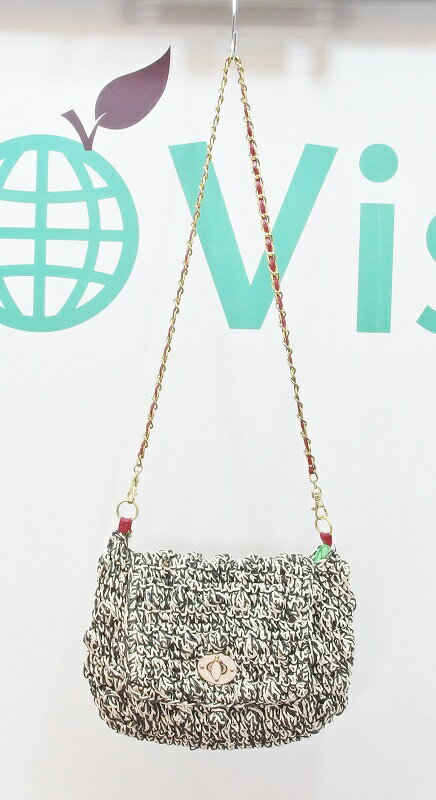 【中古】Laugoa ラウゴア 編み込み　チェーンショルダーバッグ ブラック/アイボリー kz4218183965