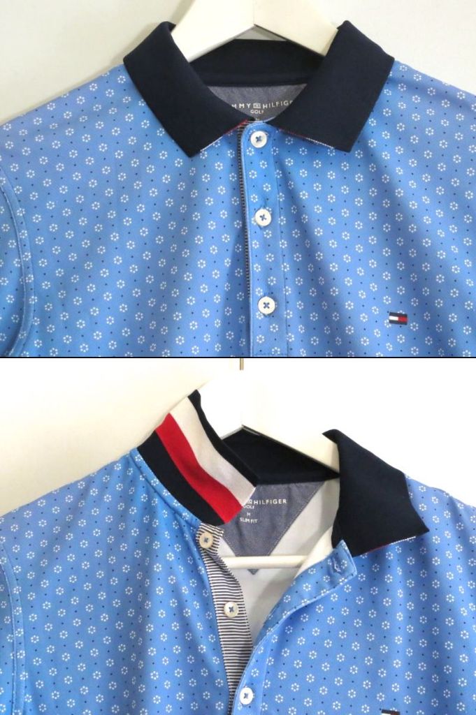 【中古】TOMMY HILFIGER トミーヒルフィガー GOLF　SLIMFIT　ドット/小花　ストレッチ　ポロシャツ メンズ ・M THMA859 ブルー sy5204230638