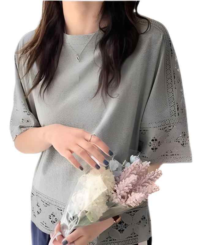 乐天商城 - [Riaminy] [リアミニィ] レディース トップス 女性用tシャツ カットソー クルーネック 刺繍 夏 tシャツ レース 半袖 透かし編み 花柄 ゆったり 大人 着痩せ 体系カバー キレイめ 五分袖 通気性