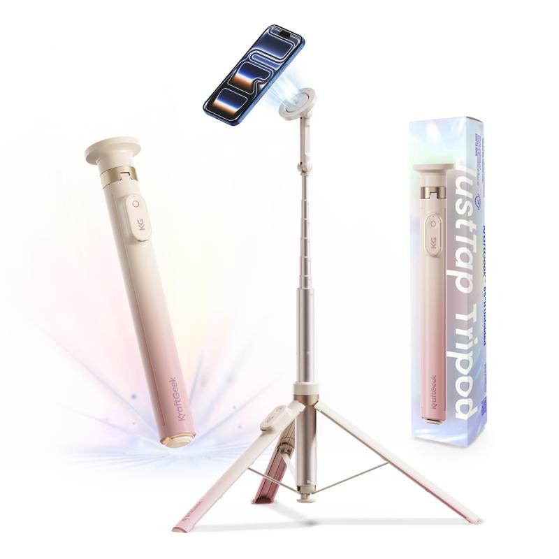KraftGeek スマホ三脚 MagSafe対応｜JustTap自動展開・最大高さ167cm｜iPhone用 自撮り棒｜マグネット式三脚スタンド