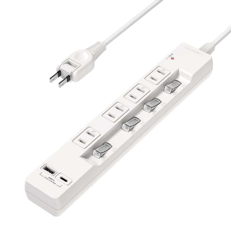 乐天商城 - エムサイン Mscien 電源タップ usb 延長コード 4個AC差込口 2個USBポート（1個usb-c 1個usb-a）たこあしコンセント 雷ガード usb コンセント 個別スイッチ付き 壁掛け テーブル マルチタップ ほこり