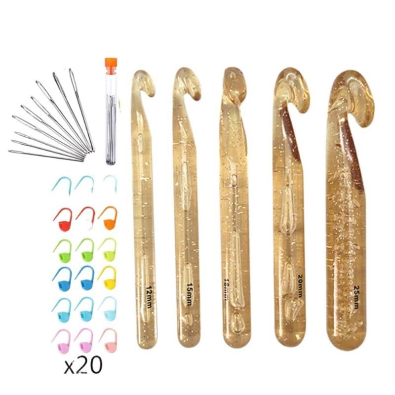 巨大なかぎ針編みフックセット、 20個のステッチマーカーと9個の大きな目の鈍針クラフトツール付き 12mm/15mm/18mm/20mm/25mm 5サイズ ラージかぎ針編みフック針キット(3.0)