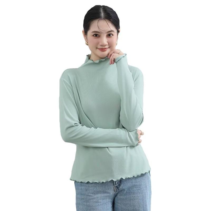 乐天商城 - [Uroi] メロウフリルカットソー レディース 秋冬 アンダーシャツ Tシャツ 長袖 柔らか 暖かい ハイネック 無地 ストレッチ感 インナー シャツブラウス