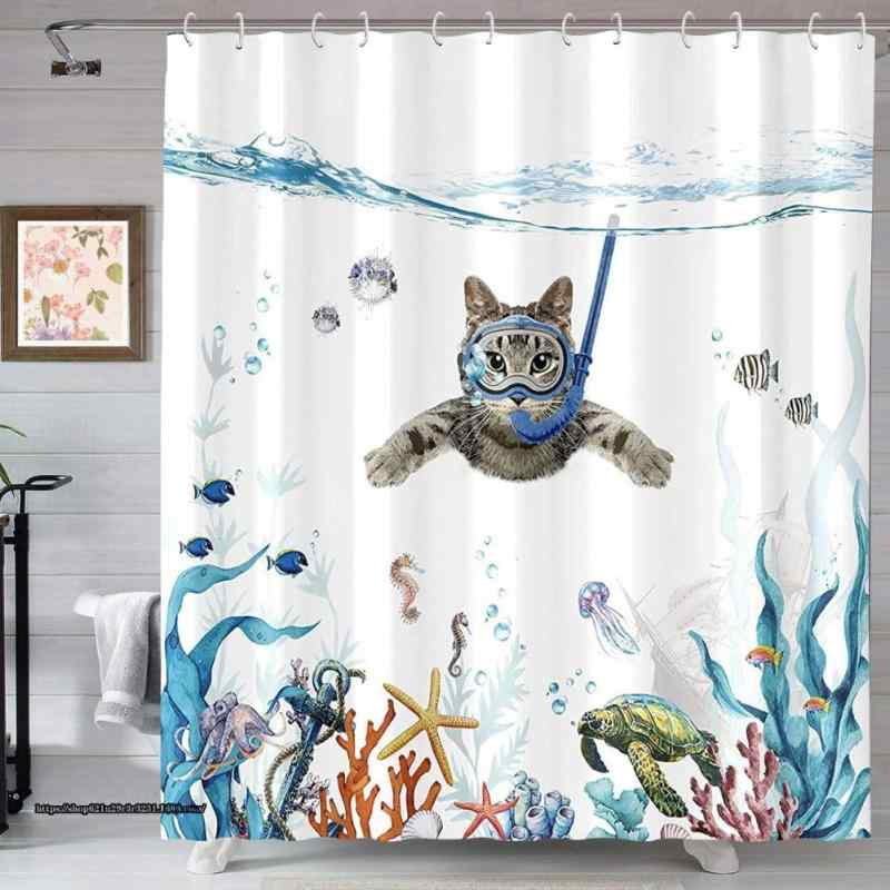シャワーカーテン 猫 防水 防カビ 目隠し 可愛い ユニットバス お風呂カーテン バス用品 海水浴 小窓 アニマル