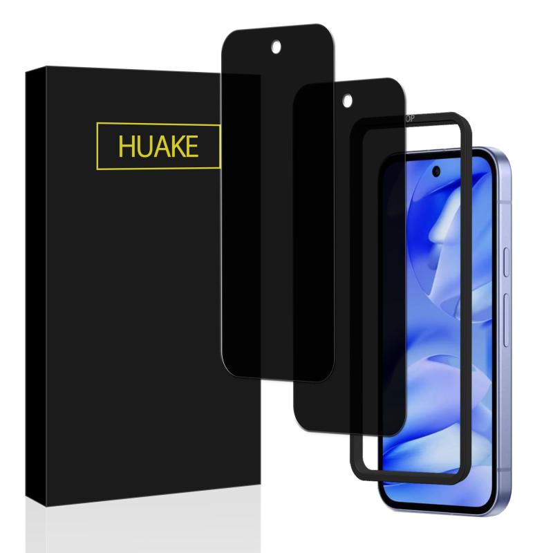 HUAKE 覗き見防止 国産硝子素材製 Google pixel 9a 用の ぞき見防止 ガラスフィルム(2枚) 強化ガラス プライバシー 保護フィルム ガイド枠付き【対応機種・超お得組み合わせセット】Google pixel 9a ガラスフィルム 対応 pixel 9a 用の 覗き見防止 ガラスフィルム。ガイド枠付き 取付枠は取付けをより容易にすることができ。【飛散防止設計】高品質の日本硝子素材を採用します。飛散防止加工により、万が一ガラスが破損した場合も飛び散らず、破片は張り付いたままの状態になります。スクリーンを安 全に保護しながら破損による怪我を防ぎます。とっても安全【貼付け簡単】Google pixel 9a ガラスフィルム 初めての方でも簡単に貼り付けられるよう、専用の貼り付けガイド枠を同梱しています。位置を決めて、軽く押すだけで、自然吸着できます。万が一、浮きが発生してしまった場合、付属品のヘラまたは布で擦って粘着させてみれば改善できます。【指紋が付きにくい】 高耐久性防汚コートにより指紋や汚れが付きにくくなっています。付着しても簡単に拭き取れます。常に美しい画面と滑らかな操作感が得られます。【覗き見防止】28°を超えると画面が暗くなり、真正面から見ると高透過率ではっきり見えますが、左右から画面を覗き込むのを防ぐことができます。【専用デザイン】Google pixel 9a ガラスフィルム この機器は周辺部が曲面となったラウンド仕様のため、保護フィルムを端まで貼ることができません。そのため、表示部分よりも保護フィルムが小さくなっています。スマホケースの装着スペースを確保するため。【信頼の品質】信頼できる日本製硝子素材を採用、 一枚一枚、手作業で検品しておりました。製品にが生じた場合は、お客様からのお問い合わせ内容に応じて代替品交換・対応を提供致します。