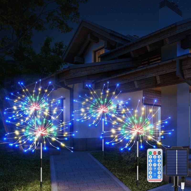 Dalugo イルミネーションライト ソーラー LED ストリングライト 屋外 防水 ガーデンライト 花火型 4輪 640LED USB充電可能 大容量ソーラーパネル 電量表示付き 8点灯モード 夜間自動点灯 イルミネ