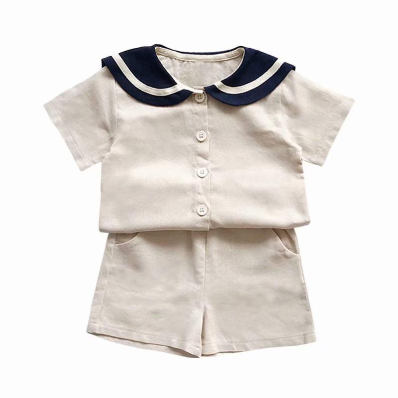 [POBIDOBY] ベビー服 子供服 セーラー服 Tシャツ＋ハーフパンツ 2点セット リネン 半袖前開き かわいい トップス 半ズボン 男の子 女の子 キッズ 普段着