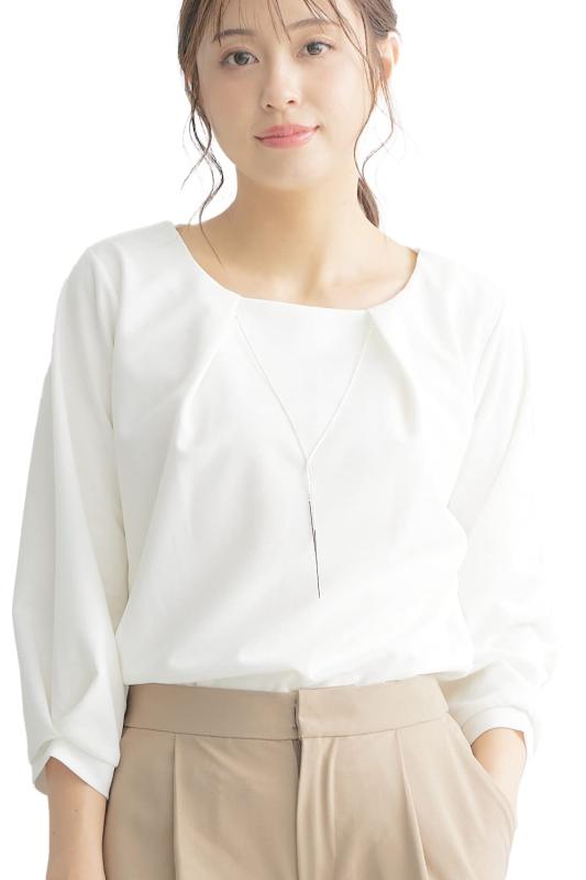 乐天商城 - [リリヤーノ] ブラウス レディース 七分丈 アクセサリー付き 春 オフィス インナー カットソー シフォン トップス ラウンドネック カジュアル フォーマルブラウス おしゃれ シャツ オフィス