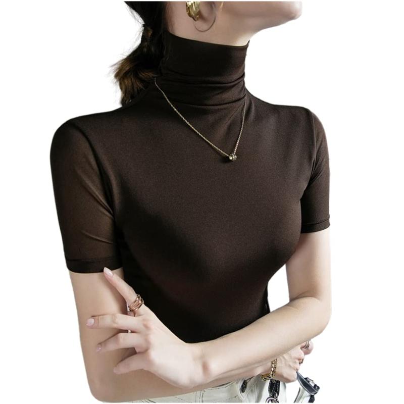 Rakuten - [ZOEMAKE] タートルネック 半袖 ハイネックtシャツ レディース 薄手 着やせ tシャツ 丸首 無地 ゆったり カットソー 通勤