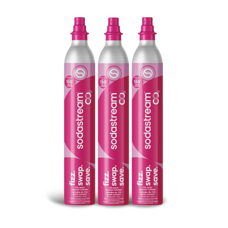 SodaStream CO2 ガス炭酸バンドル | 60L QuickConnectシリンダー×3、ピンクCQCシステム - 二度とCO2が不足することはありません - Terra、ART、Aqua Fizz、E-Terra、E-DUO、Enso、Gai