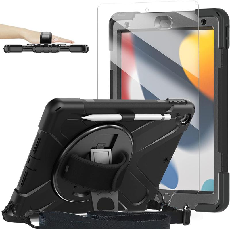 iPad 9th 8th 7th ケース 2021 2020 SIBEITU iPad 10.2 ケース 耐衝撃 衝撃吸収 スタンド ハンドストラップ 肩掛けー ショルダーストラップ 回転 頑丈 仕事