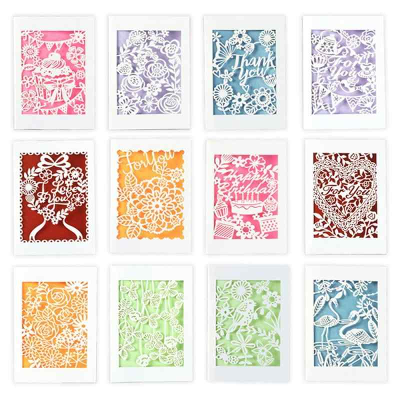 moin moin メッセージ カード ミニ サンキュー ありがとう 誕生日バースデー グリーディング | 切り絵 カラフル ポップ ビビッド | ハート 花 フラワー ケーキ | カード + 中紙 + 封筒 12種セット