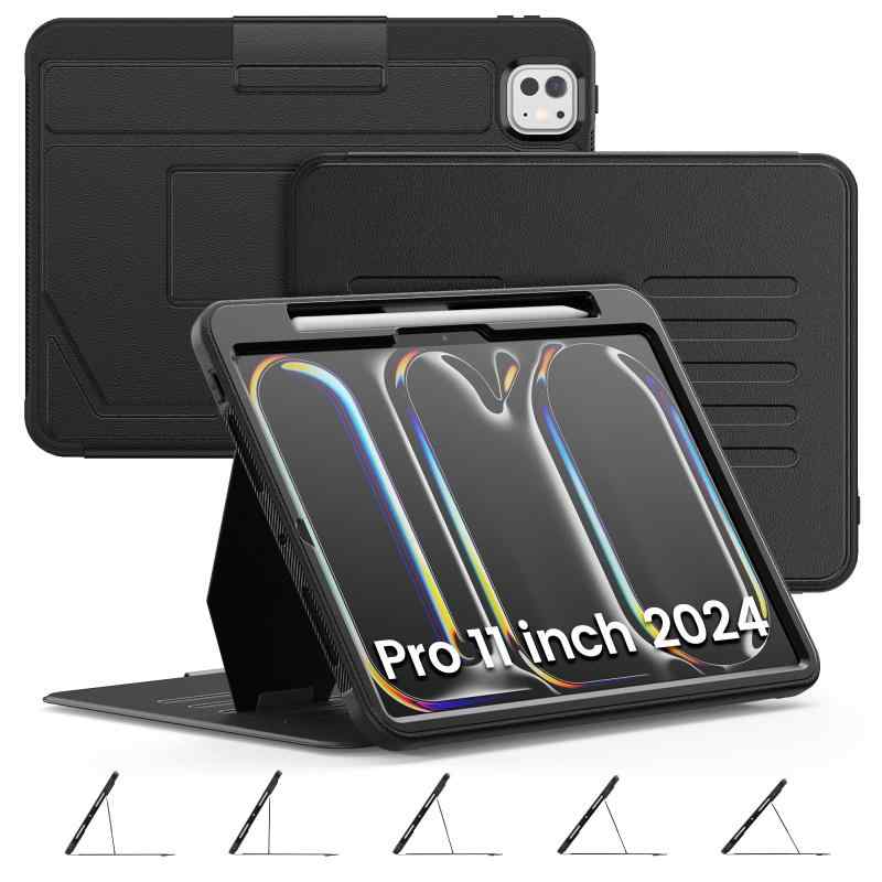 Timecity iPad Pro 11インチ ケース（2024、第5世代）専用 5段階横置き調節 スリープ ウェイク TPU素材 PUレザー カード収納 ペン収納 強磁力 保護カバー iPad Pro 11 ケース（能）