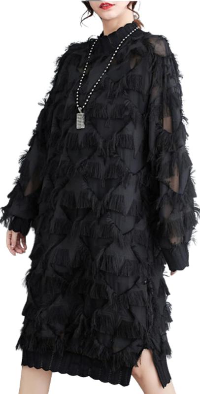 [Lady Lazy] [レディレイジー] モード系 フリンジ ひざ丈 長袖 ワンピース コクーン 黒 ブラック