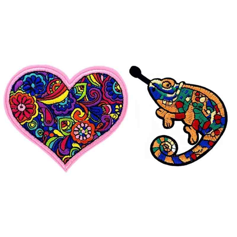 【Za-Bi (ザ-ビ) 】ワッペン ピンク ハート＋カメレオン2種類セット アイロン接着 刺繍 アップリケ カラベラ メキシカンスカル お洒落 なワッペン ／ピンク・カメレオン