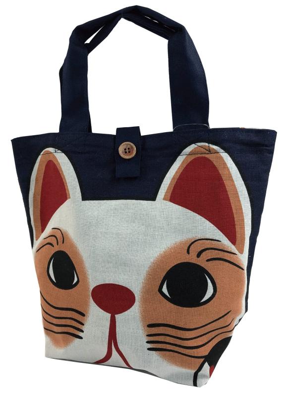 [§y∞YAGISEI] ヤギセイ トートバッグ 『白招き猫 紺』 福招き猫 手提げかばん ランチトート 手ぬぐい雑貨