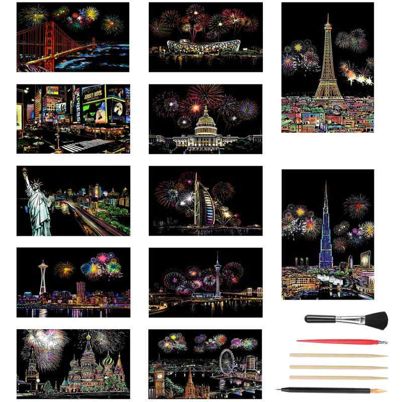 JANLOFO 12枚セット スクラッチアート 大人 スクラッチペーパー A4サイズ スクラッチアートペン付き