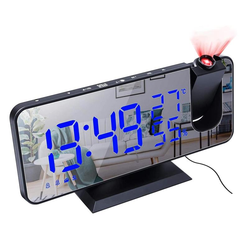 Shengshou 目覚まし時計 デジタルLED時計 投影時計 非電波 温湿度計 スヌーズ FMラジオ 投影 ミラー 携帯充電 おしゃれ 多機能 見やすい 明るさ 音量調節可能 光センサー自動調光 大画面 180°回