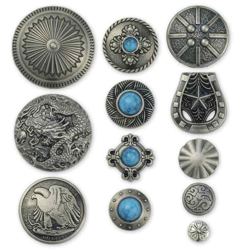コンチョ ボタン 12個セット ねじ式 アンティーク シルバー ターコイズ 風車 さくら 雲 イーグル 龍 五芒星 クロム レザークラフト 財布 手芸
