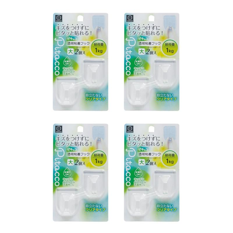 KOKUBO Pitacco ピタッコ 粘着フック (大 / 2個入×4個セット) 日本製 水濡れOK フック (透明/耐荷重 1kg) キッチン バスルーム 洗面所 KM-079【キズをつけずにピタッと貼れる】手軽にピタッと貼れる、粘着シールで貼り付けるタイプのフック。目立たない透明クリアタイプで、耐荷重は1kg。水濡れOKで、キッチン、バスルーム、洗面所、トイレにも使えます。【使用できる面】油染みしないコーティングされた面、光沢のある平らな面、化粧合板、板壁、金属塗装面、プラスチック、本品より大きなタイル・ステンレス、伯母竟ガラス・鏡面 / バッグ、ハンガー、キッチンツール、バス小物、カギなど、様々な用途に使えます【使用できない面】油染みする面（布やビニールクロスなどの壁紙、木壁、しっくい、モルタル、プリント合板、ペンキなどの塗料を施した面、繊維製品、革製品、樹脂コーティングしていない紙製品、セメント、大理石などの天然石、素焼きタイプのタイル）、凹凸のある面、曲面、ザラザラした面、本品より小さなタイル、すりガラス、薄いガラス【取り付け方】1.粘着面についているフィルムをはがします。2.シールを貼り付けたい面の汚れを布などで拭き取ってから、貼り付けたい面にしっかりと押し付けます。中心から外側に向かって空気を抜くように貼り付けてください。シールを貼り、24時間経過してからご使用ください。【商品詳細】入数：2個入×4個セット / 耐荷重：約1kg / 材質：(フック部)ポリカーボネート (粘着剤)アクリルフォーム / 原産国：日本