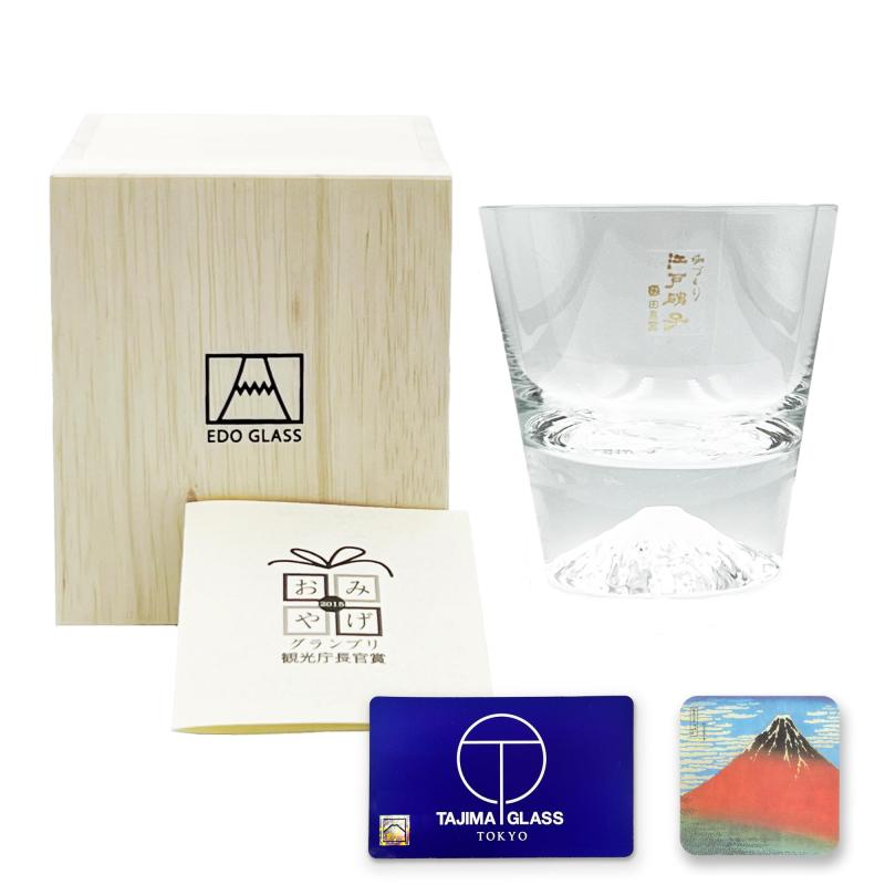 【特典付セット】田島硝子 ロックグラス 富士山グラス 正規品 日本製 正規品証明カード付き 木箱入 （TG15-015-R クリア1個)＋富士山ペーパーコースターのセット