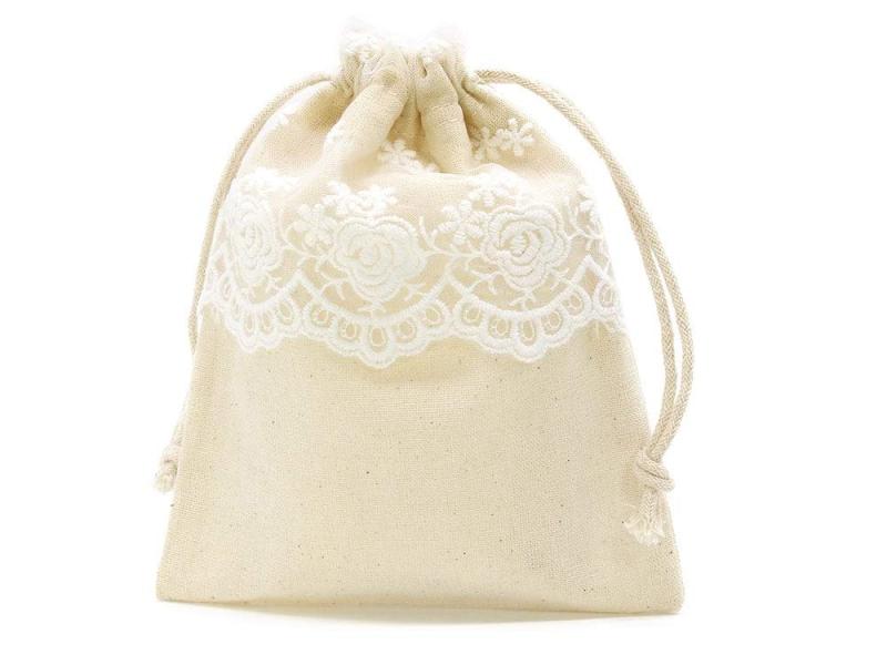 Rakuten - (SAJ) 巾着袋 ラッピング 包装 巾着ポーチ 小物入れ (12cm×15cm) 花のレース付き (1個)