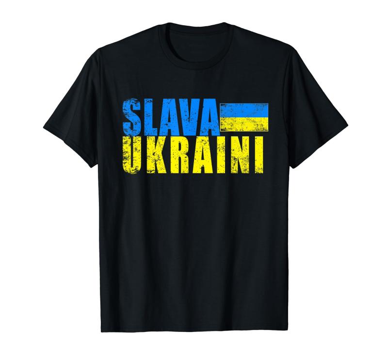 SLAVA UKRAINI ウクライナ国旗カラー アンティーク調 レトロ Tシャツ