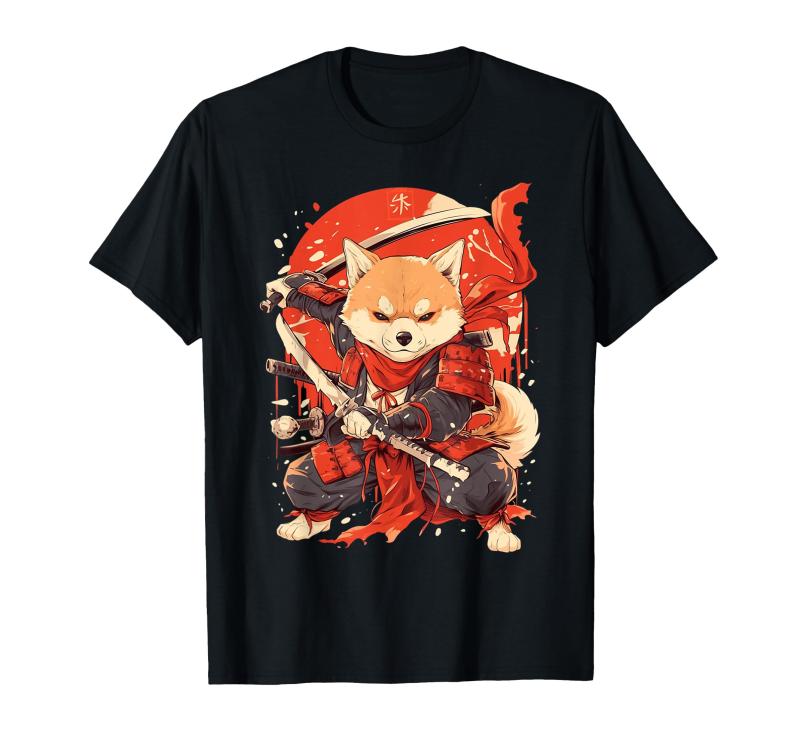 乐天商城 - 日本の柴犬浮世絵 アニメ 刀 おもしろい 日本の芸術 Tシャツ