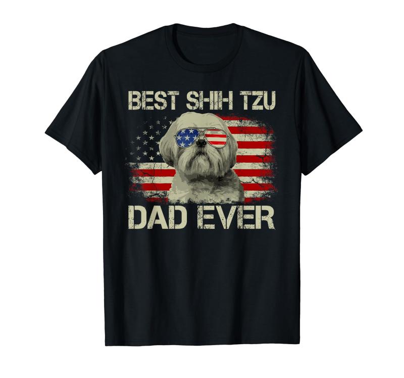 Best Shih Tzu Dad Ever Tシャツ 犬好き アメリカ国旗ギフト TシャツFunny Best Shih Tzu Dad EverヴィンテージTシャツギフト。「Best Cat Dad Ever」とサングラス付きのシーズー...