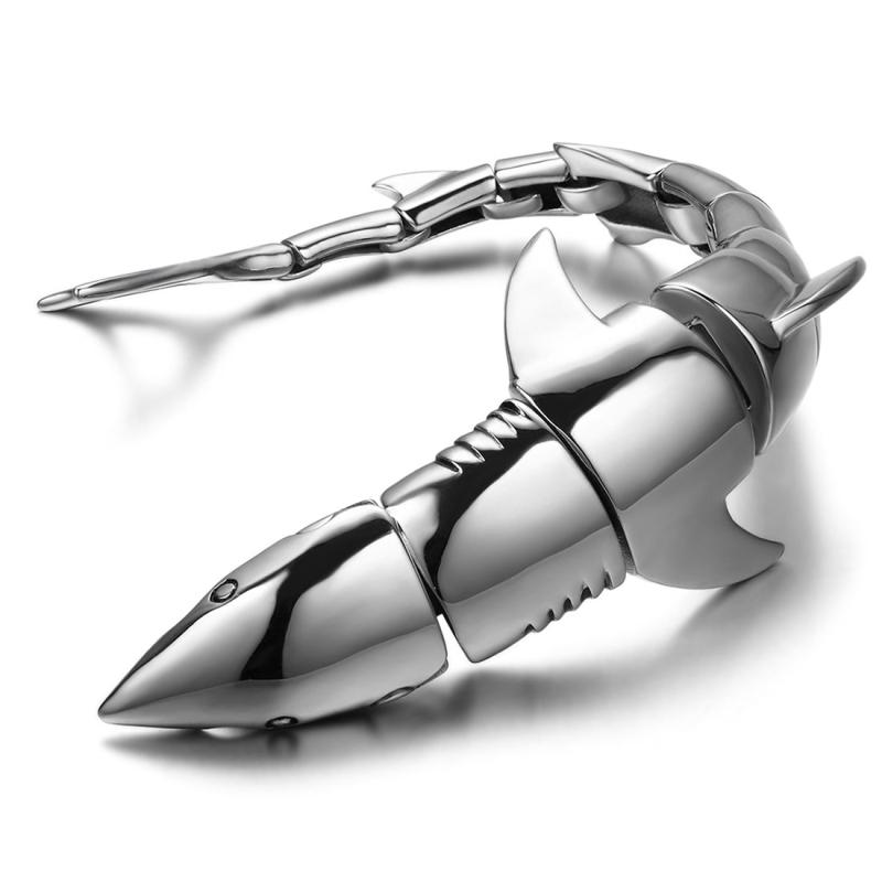 Rakuten - JewelryWe ジュエリー ファッション アクセサリー メンズ ブレスレット, ノベルティ的 魚 サメ 鮫 シャーク バングル, ステンレス, カラー:シルバー(銀);[ギフトバッグを提供]