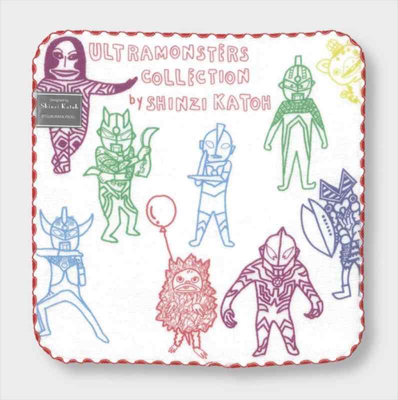 ウルトラモンスターズ Shinzi Katoh ミニタオル 円谷プロ 怪獣 ハンカチ (SKTC149-11 カラフル)サイズ：約23×23cm、重量：約15g素材：綿100%、表面（ガーゼ生地）・裏面（パイル生地）生産：日本表面は速乾性に優れサラッとしたガーゼ生地、裏面はふわふわ無撚糸パイル生地で肌に心地良い日本製のタオルハンカチ。カバンにいれても邪魔にならないコンパクトサイズで、速乾性もありお出かけにもピッタリ。人気雑貨デザイナー「シンジカトウ」が「ウルトラマン」を描いたイラストをプリントしています。ユーモラスなタッチのイラストで、小さいお子様から大人まで幅広く使っていただけます。『なんで戦ってたんだっけ？』と言いたくなるぐらい、ゆる～い雰囲気で親しみやすいデザインです。注意事項：プリントの性質上、色落ちする場合があります。