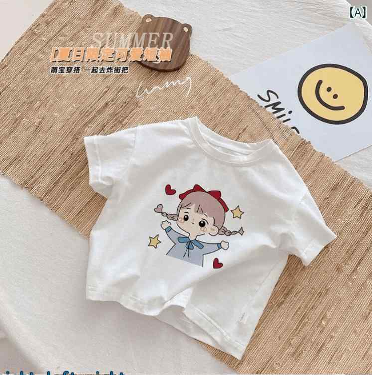 ビジョンストアのTシャツ 女の子 キッズ ベビー 半袖 カットソー トップス 子供服 コットンプリントTシャツ 丸首 ラウンドネック プルオーバー 白 薄手 通気性 吸汗 速乾 普段使い 通学 通園 カジュアル ナチュラル かわいい おしゃれ 夏｜アングル2