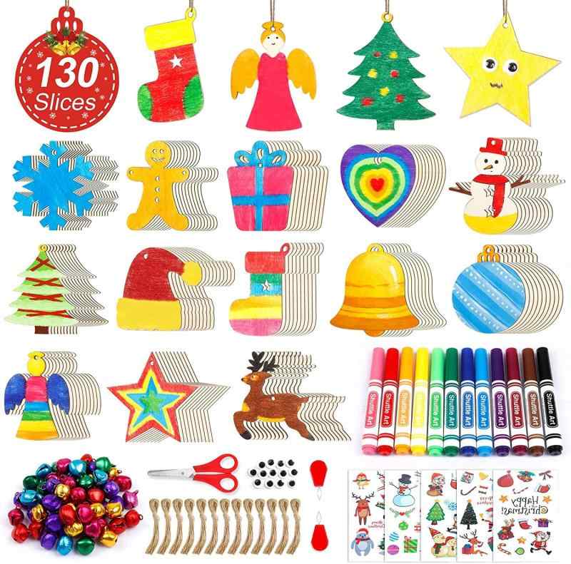 Rakuten - 360ピース 木製クリスマスオーナメントキット シャトルアート 130 未完成の木製スライス 13種類のスタイル ジュート紐130本 12色 洗えるマーカー ベル50個 DIY クリスマスデコレーションクラフ