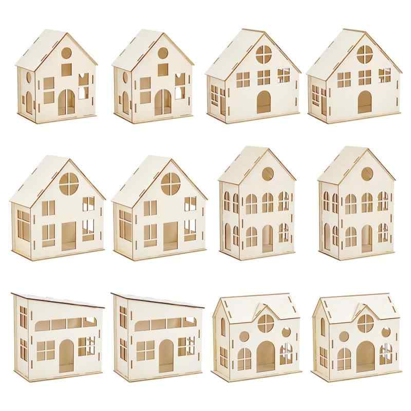 PH PandaHall DIY クリスマス村の置物 12セット 6スタイル 木製ミニハウスキット 未塗装 木製パズルヴィラ 組み立て前 クラフト インテリア 卓上飾り 室内パーティーデコレーション
