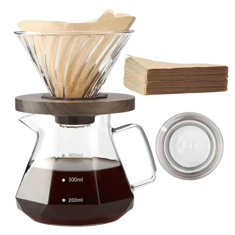 Rakuten - OULOVECO コーヒー ドリッパー セット フィルター40枚付き 耐熱ガラス コーヒーサーバー＆木製ホルダー V60 ドリッパー対応 ハンドドリップ器具 目盛付き600ml 3-4人用 電子レンジ可 喫茶店 カフ