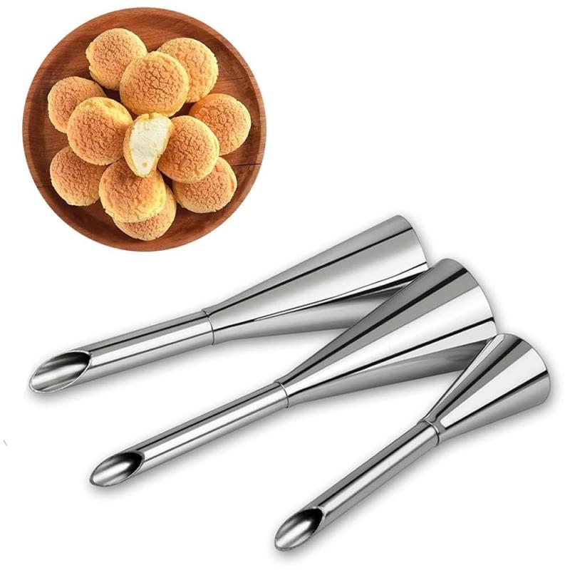 シュークリーム 口金 絞り口金 製菓用品 手作り ツール ベーキングツールケーキ飾るツール 3個セットパフ・スパウト3点セットには3つのサイズがあり、お菓子作りのニーズに合わせてお選びいただけます。特別な技術不要、絞り袋にセットして絞るだけでプロの仕上がり。DIYベーキングからプロ仕様まで幅広く対応。ステンレス製だからこそ、汚れがつきにくく水洗いOK。食洗機にも対応し、再利用可能でエコ。独特な長口デザインにより、クリームなどの具材を正確に注入しやすく、初心者でも簡単にマスターでき、あらゆる種類のおいしいデザートを素早く作ることができます。広く使われている：ホームキッチン、ベーカリー、ケーキショップなど。あなたとご家族、恋人に心込んでユニックなケーキを手作りしましょう