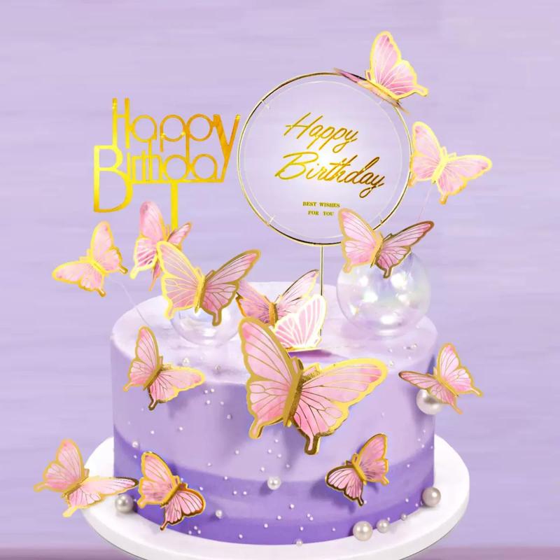 ケーキ 飾り 蝶々 22点セット ケーキトッパー 誕生日ケーキ 飾り ハッピーバースデー 3D立体 蝶型 貼り紙 ケーキデコレーション DIY 貼り紙 誕生日 お祝い ウェディング 結婚式