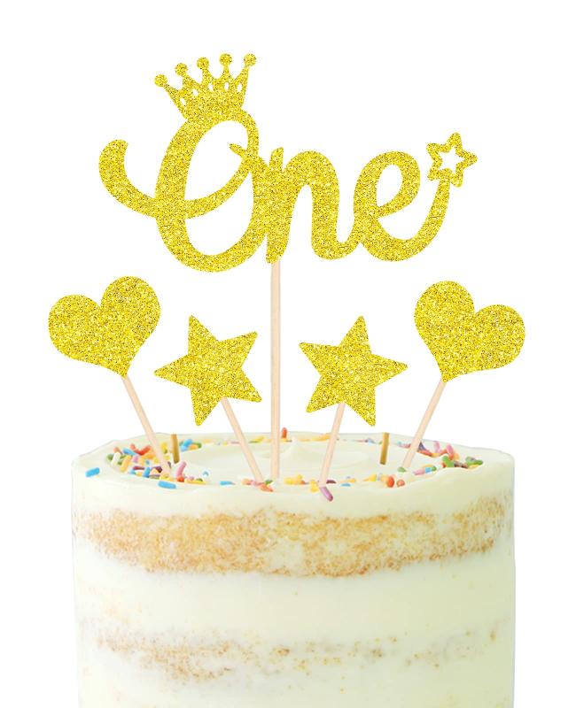 WishFirst ケーキ飾り キラキラ 1歳 ケーキトッパー 5点セット one 赤ちゃん 果物 お菓子 お弁当用 誕生日ケーキ飾り付け 記念撮影 お誕生日 お祝い アルバム デコレーション