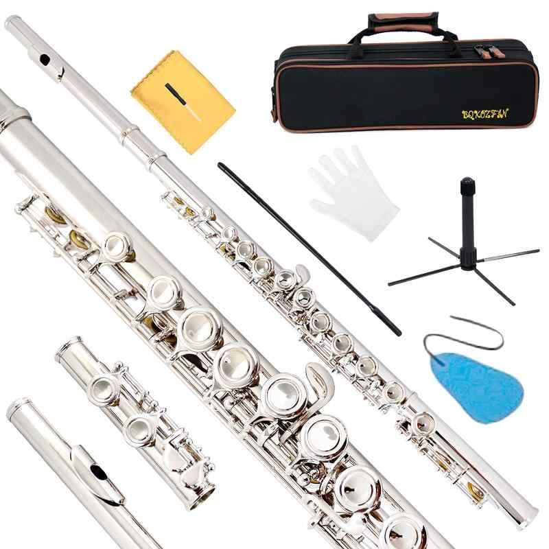 BQKOZFIN フルート 16穴 管楽器 Cキー 初心者セット Eメカ付き 白銅ニッケルメッキ製 吹奏楽 練習用 (シルバー)🎜【高品質】高い耐久性と素晴らしい音色、優れた響き、爆発性に大きな違いをもたらします。深くダークな音色で、奏者のパワーにしっかりと確実に応える響きが特長です。高級な銀メッキの16キーカバード/リングキーCフルートには、オフセットGキーとEメカを付き、一流の音質と音色は、愛する方や初心者などにぴったりのギフトです。🎜【美しい音色】明るい音色で鳴らし易く重量のバランスが良くて魅力的な音色を奏で、親しみ深いフルートで、発音にリードを用いないため、他の管楽器よりもタンギングの柔軟性が高いフルートです。🎜【幅広い用途】吹奏楽、オーケストラ、またジャズ、ボサノバなどでも、その柔らかく優しい音色が使われることが多く、管楽器の中でも人気の高い楽器です。高級感を醸し出します。🎜【対象】初心者/上級者/演奏者/音楽愛好者、さまざまな需要が満足されます。初心者は勿論のこと、 上級者にも気の向くままに演奏を楽しんでいただける理想的な楽器です。軽い吹奏感で、レスポンスに優れています。🎜【セット内容】軽量で耐久性のあるハードケース、フルート本体、柔らかいクリーニングクロス、クリーニングロッド、調整ネジが付いています。吹奏楽、オーケストラ、またジャズなどでも、その柔らかく優しい音色が使われることが多く、管楽器の中でも人気の高い楽器、高級感を醸し出しています。